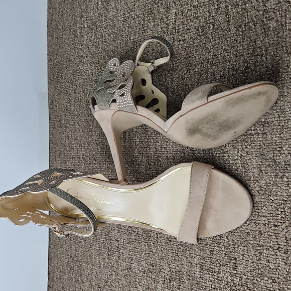Jessica Simpson Hipp Taupe Faux Suede Sparkly Rhinestones Strappy Heels Sz 9.5 - Picture 5 of 9